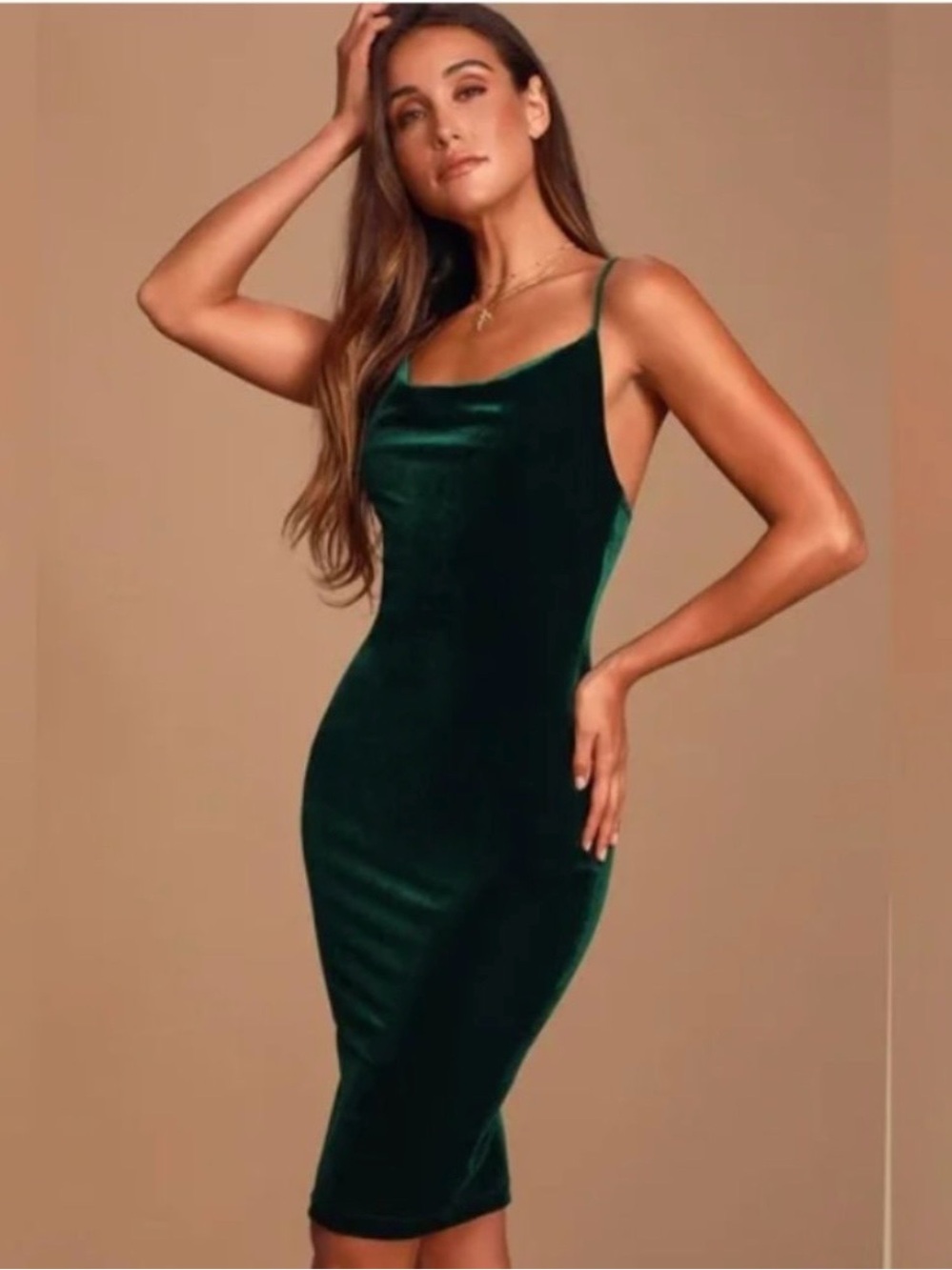 Lulu's Forest Green Velvet Midi Slip Dress with Spaghetti Straps